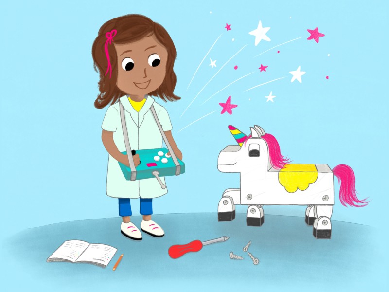 Eine Illustration zeigt ein Mädchen mit einem türkisfarbenen Steuergerät, das vor einem weißen Einhorn-Modell mit rosa Mähne und Regenbogen-Horn steht; auf dem Boden liegen ein geöffnetes Heft, ein Bleistift, ein Schraubendreher und einige Schrauben, während über dem Einhorn bunte Sterne dargestellt sind.: