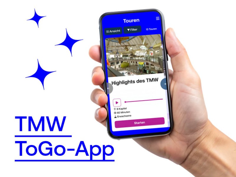 A hand holding a smartphone displaying the TMW ToGo-App with a tour overview of the Technisches Museum Wien.: