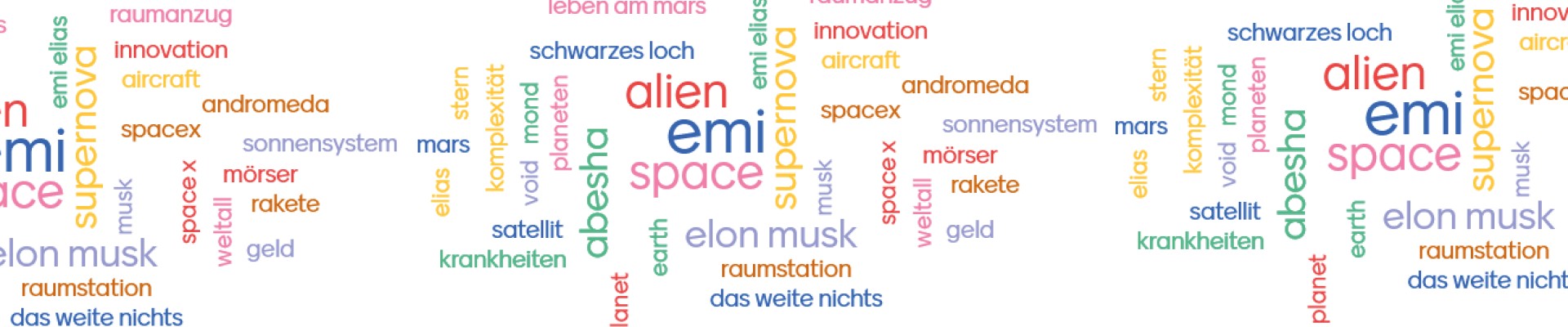 A word cloud with various terms related to space, technology, and innovation, including "space," "Elon Musk," "alien," and "rocket."  DE: Eine Wortwolke mit verschiedenen Begriffen zu Raumfahrt, Technologie und Innovation, darunter "space," "Elon Musk," "alien," und "rakete.": 