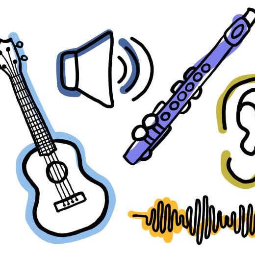 Farbige Zeichnungen zum Thema Musik und Hören: Noten, Lautsprecher, Gitarre, Flöte, Plattenspieler, ein Ohr und eine Klangwelle. Darunter steht auf einem blauen Balken in Großbuchstaben: „TECHNIK MACHT FERIEN“. Technik macht Ferien: Musik