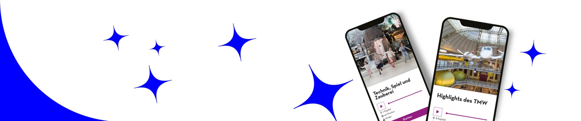 Two smartphones showing TMW ToGo app tours from the Vienna Museum of Technology, set against a dynamic blue and white background.: