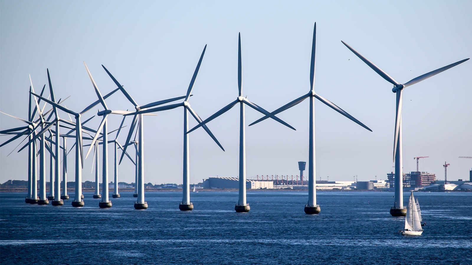 Eine perspektivische Aufnahme eines Offshore-Windparks im tiefblauen Meer. Eine lange Reihe weißer Windkraftanlagen erstreckt sich in einer Kurve von links nach rechts im Bild. Im Vordergrund rechts segelt ein kleines weißes Segelboot an den massiven Turbinen vorbei, während im Hintergrund eine Küstenlinie mit Industriegebäuden und Baukränen unter einem klaren, hellblauen Himmel zu sehen ist. Was macht die Nachhaltigkeit im Museum?