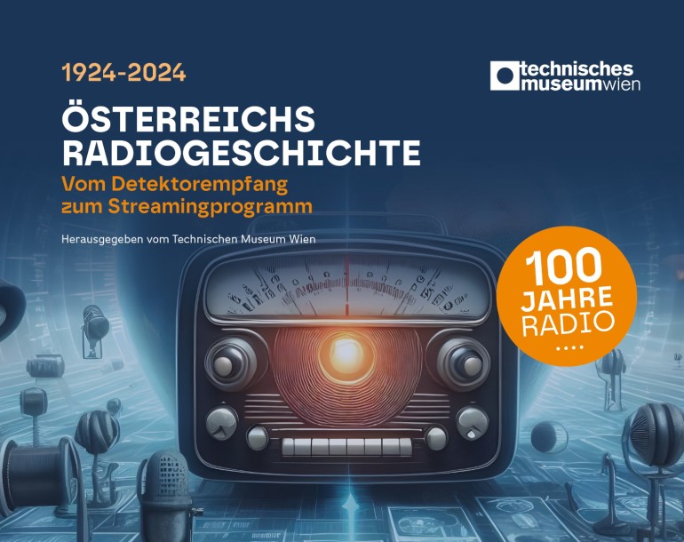 Das Buchcover 'Österreichs Radiogeschichte' präsentiert eine historische Reise durch hundert Jahre österreichischen Rundfunk. Ein altes Radio im Vordergrund symbolisiert die Anfänge, während moderne Elemente im Hintergrund die digitale Gegenwart repräsentieren: Coverbild für Publikation „Österreichs Radiogeschichte. Vom Detektorempfang zum Streamingprogramm“