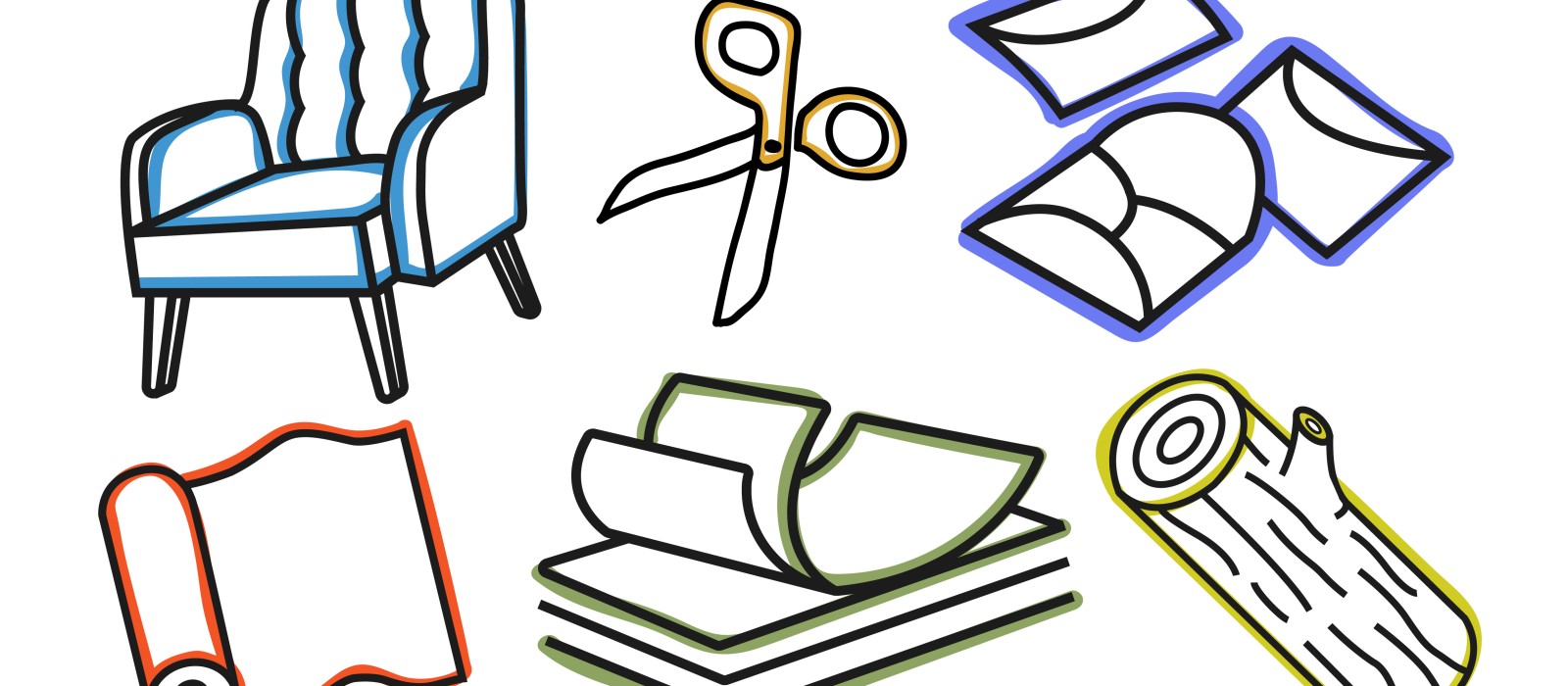 Bunte Zeichnungen von verschiedenen Materialien wie Stoff, Holz, Schere und Sessel auf weißem Hintergrund. Darunter steht auf blauem Balken in Großbuchstaben: „TECHNIK MACHT FERIEN“.: