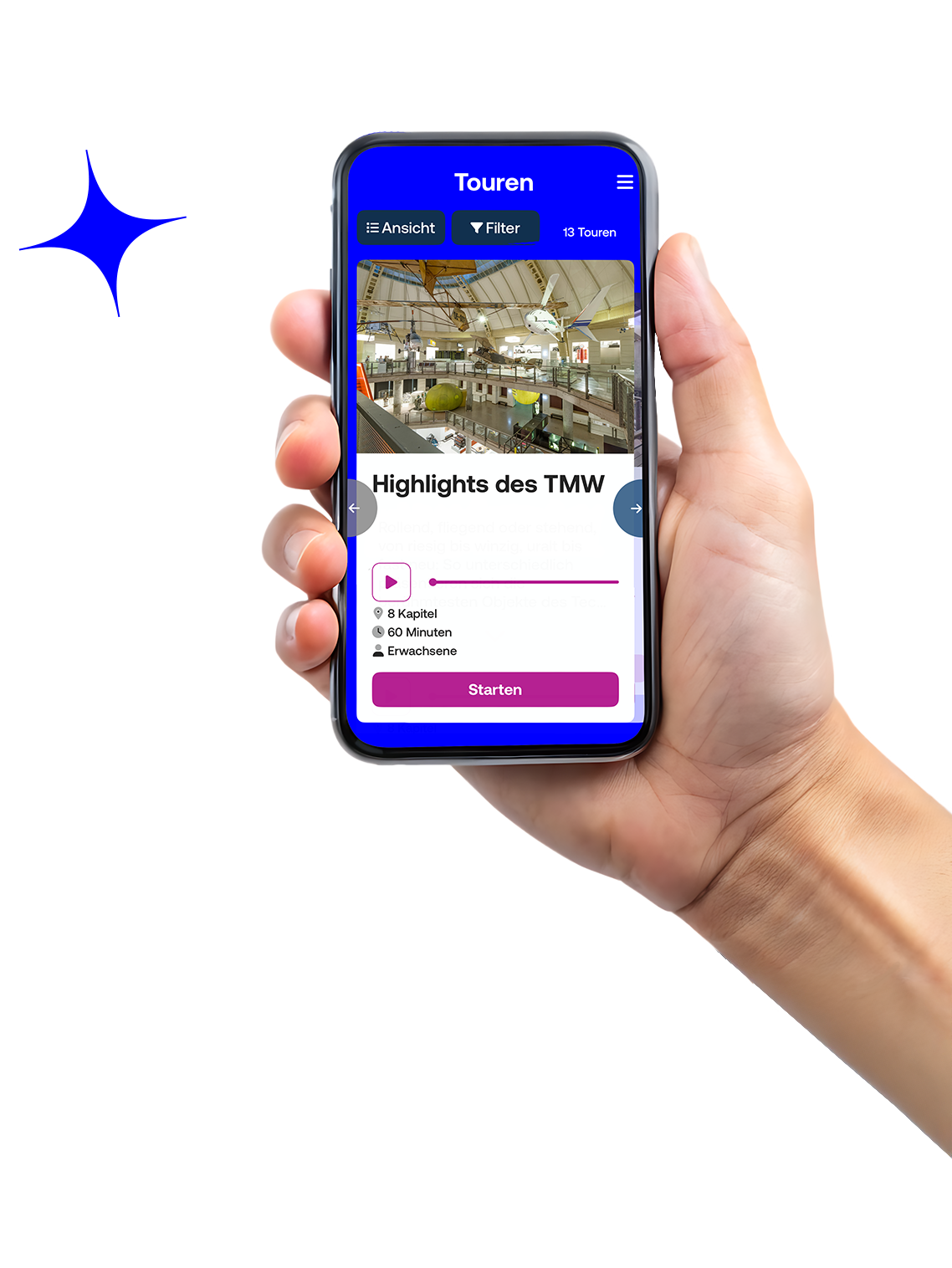 A hand holding a smartphone displaying the TMW ToGo-App, an tour guide for the Technisches Museum Wien:
